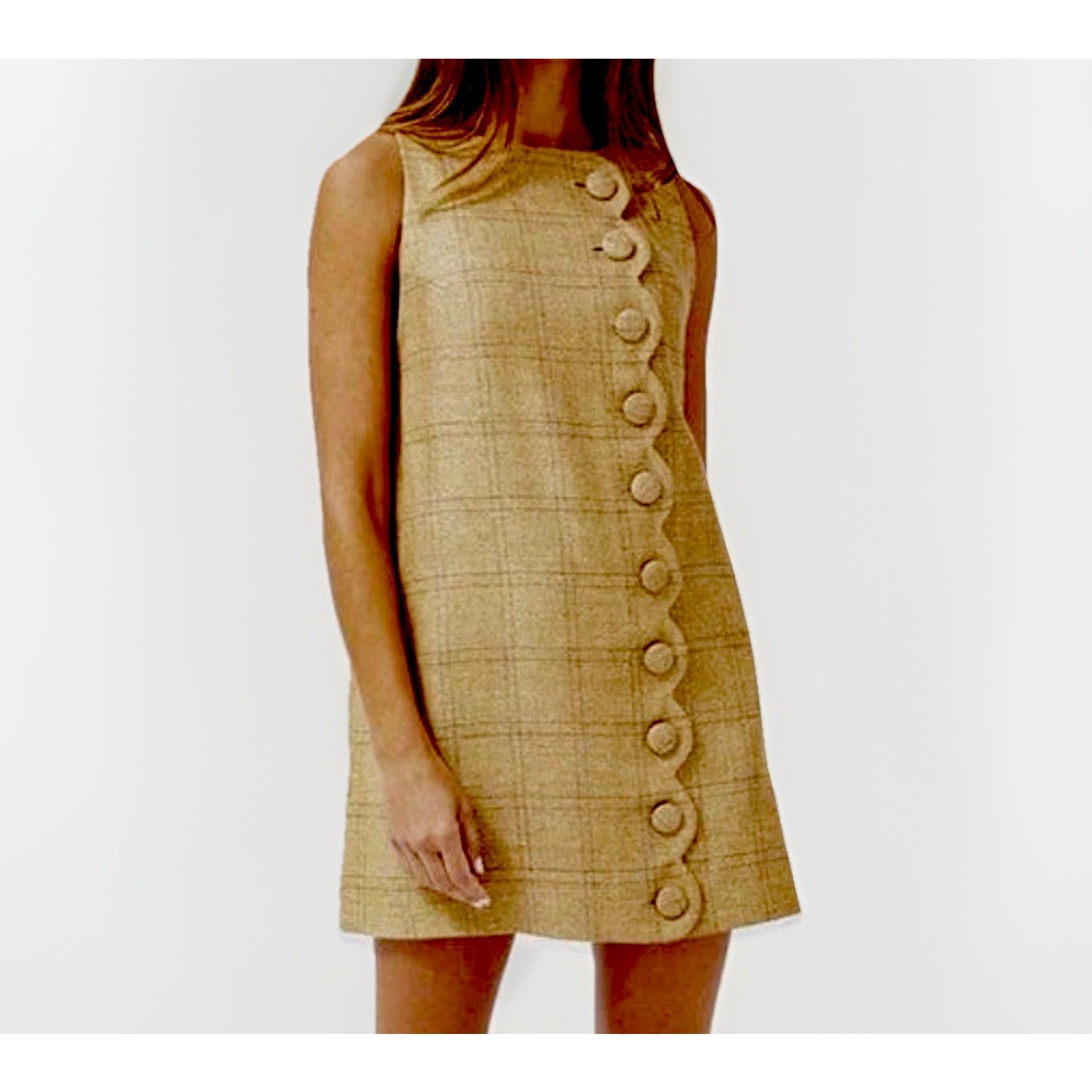 Nwot Lisa Marie Fernandez Couture Scallop Natural Linen Tweed Check Dress Med/3